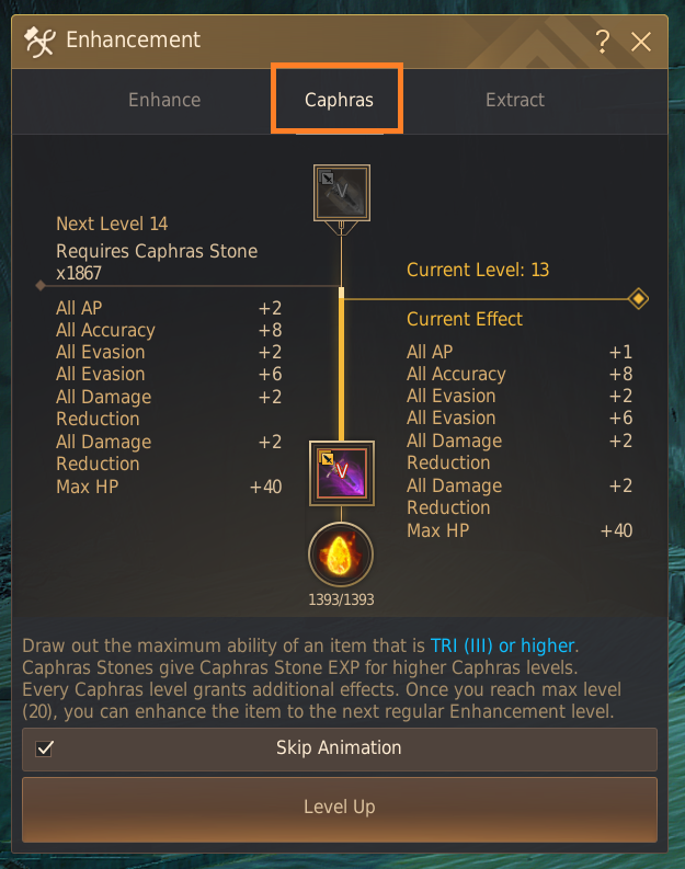 enhancing gear using caphras stones